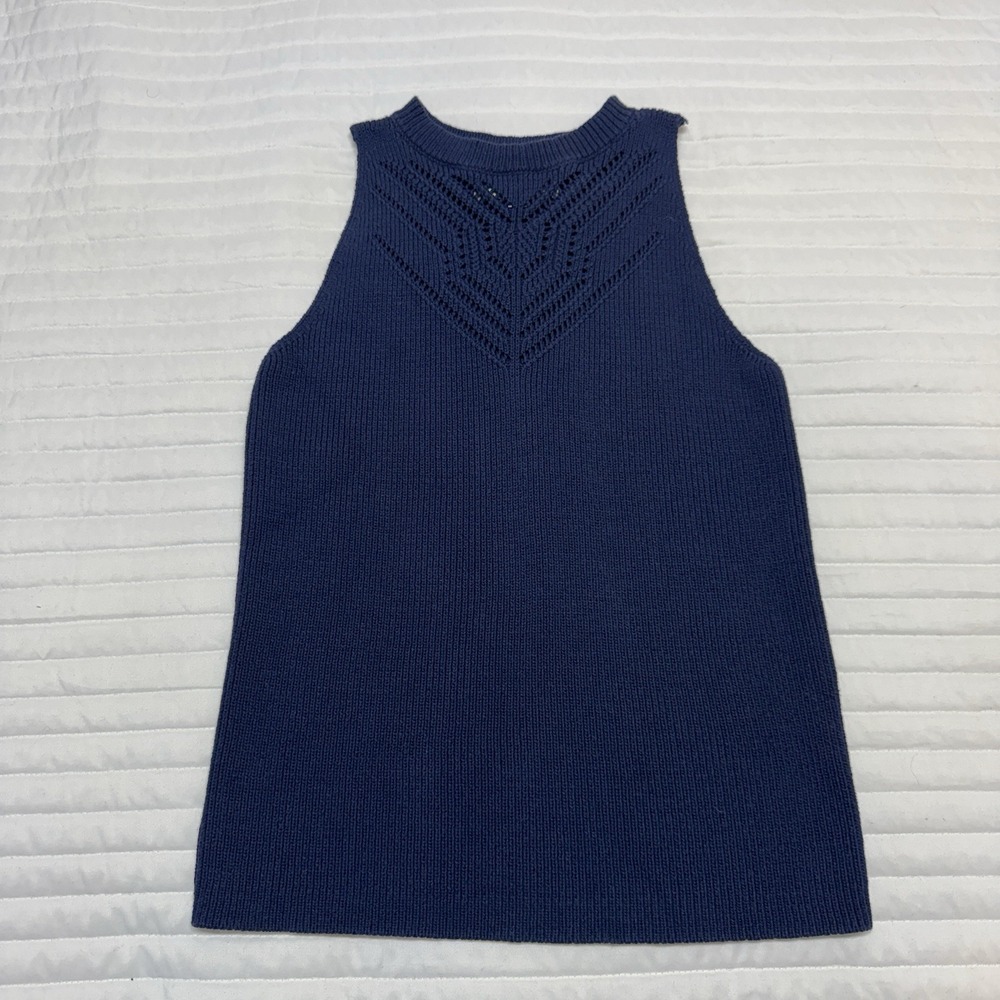 Loft‎ Women's Knit Sweater Sleeves Top Navy Cotton Blend Size Medium